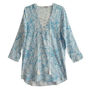 Charlie Holiday Blue Palm Leaf Hooded Swim Coverup S
